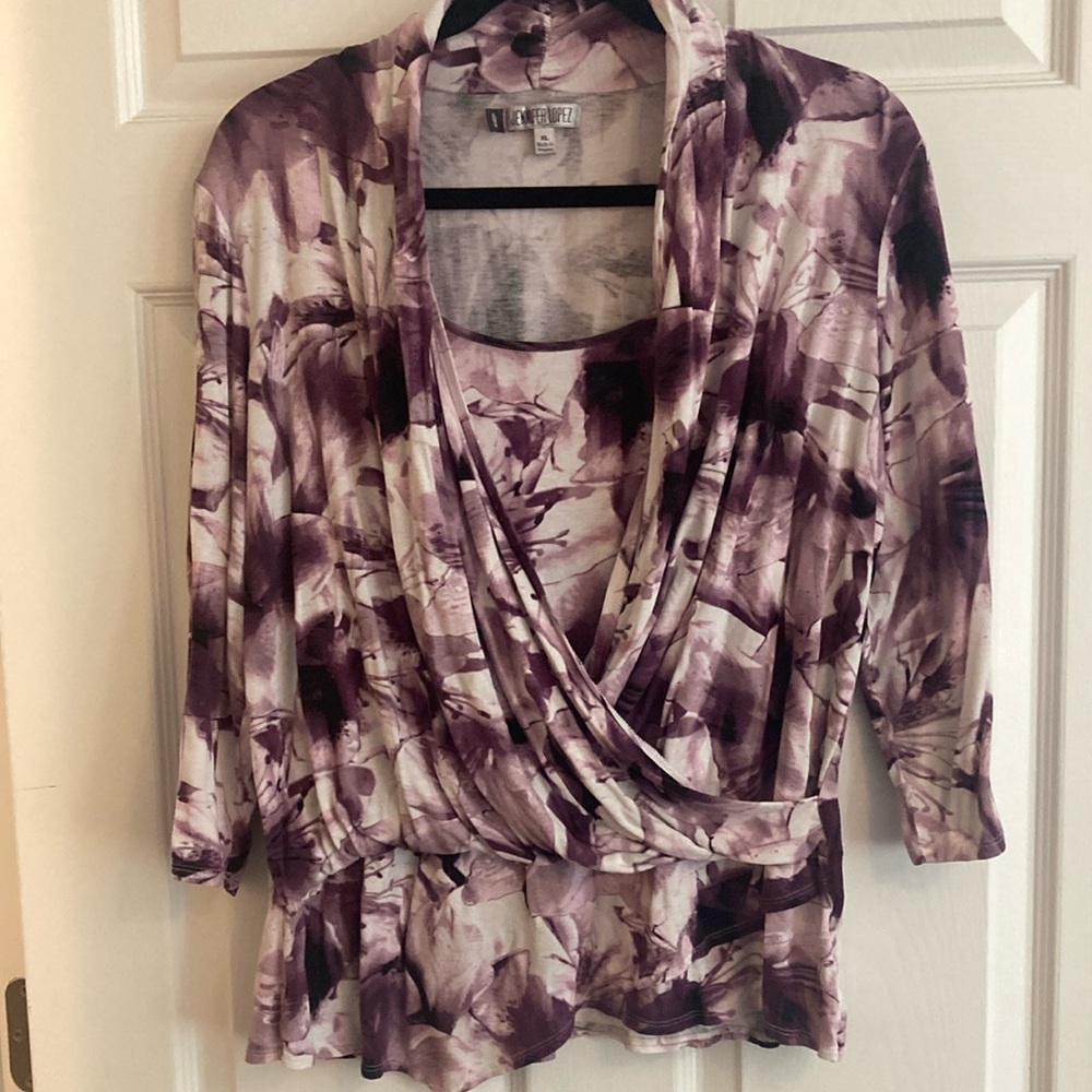Jennifer Lopez wrap top, purple and white